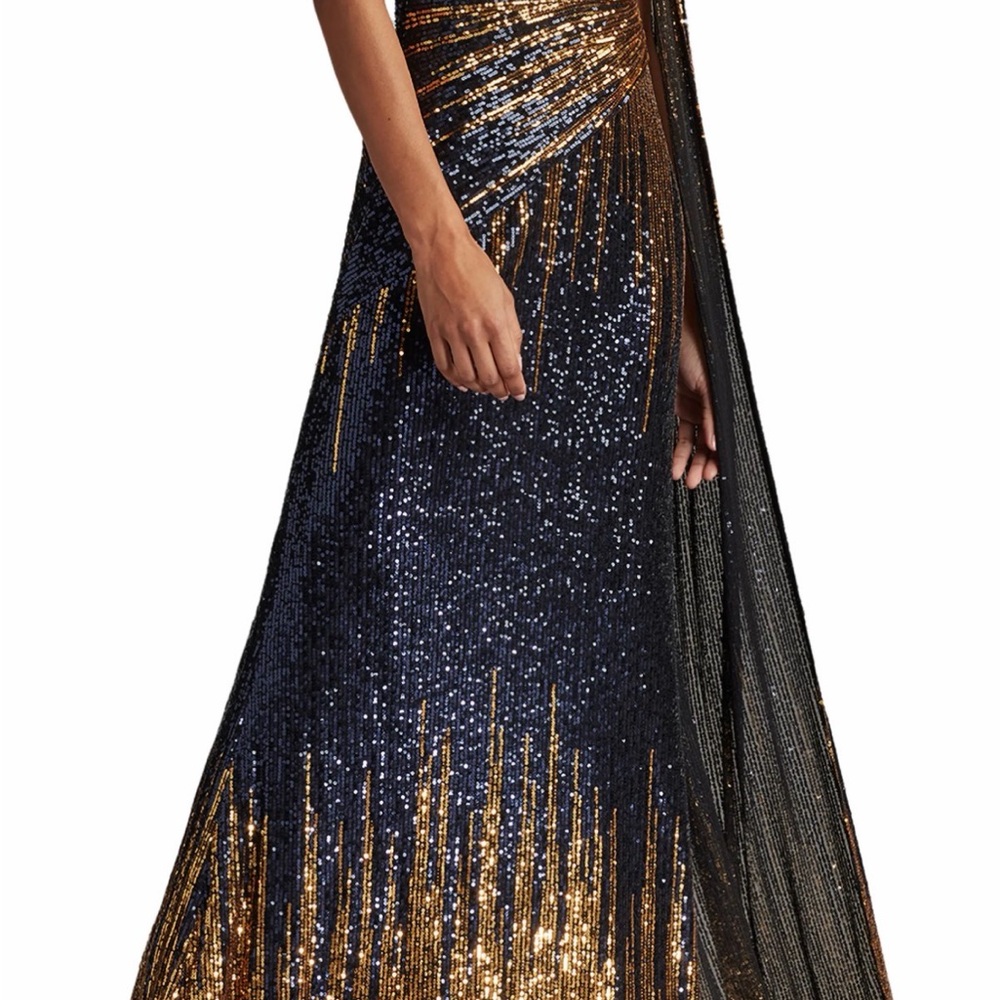 Tadashi Shoji Navy and Gold Sequin Column Gown